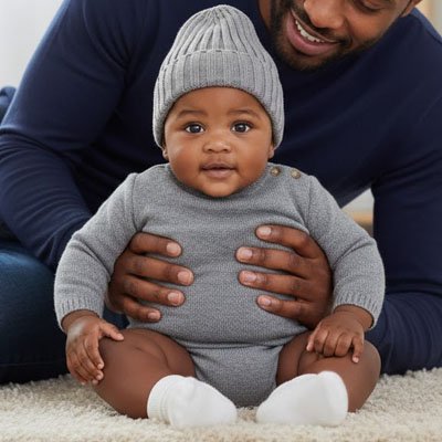 BONNET BEBE AU TRICOT girs, assis confortablement avec papa
