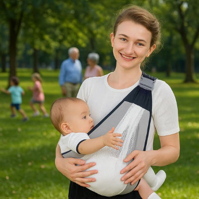 bébé dans ECHARPE DE PORTAGE NOUVEAU NÉ FACILE porté par sa maman souriante dans un parc