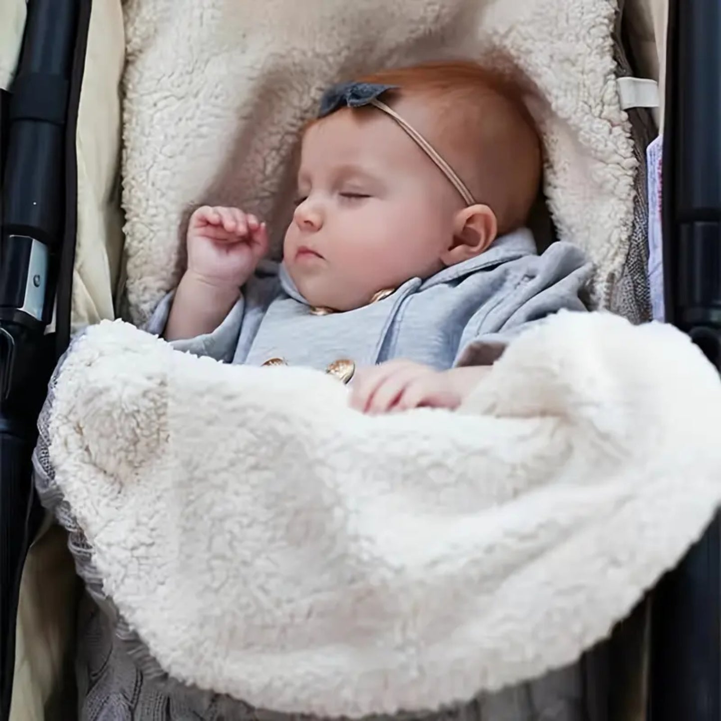 bébé endormi dans nid d'ange siège auto gris dans landau