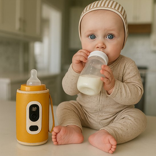 bébé prend biberon assis sur table avec chauffe biberon nomade