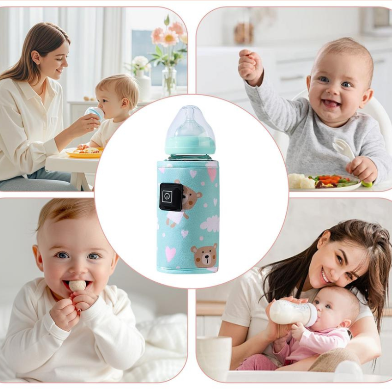 plusieurs situations de maman et bébé avec le chauffe-biberon nomade