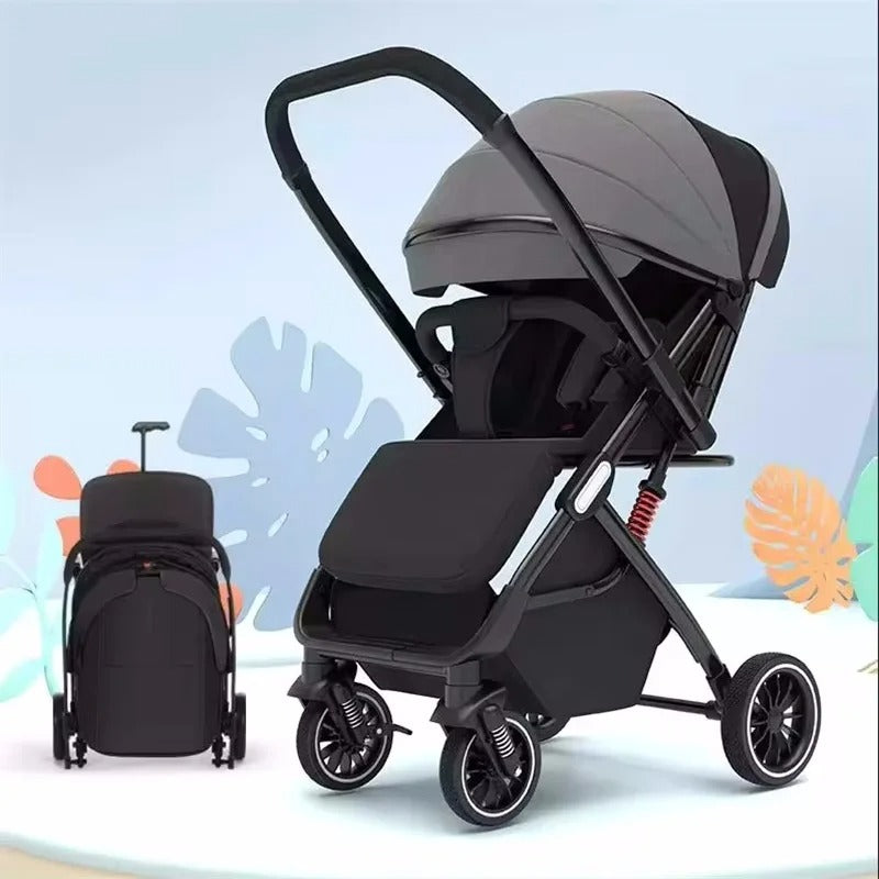 Poussette canne compacte grise ouverte et pliée