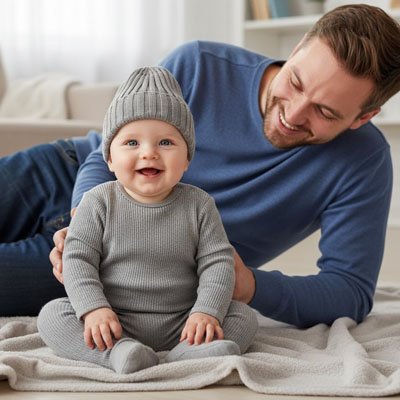 BONNET BEBE AU TRICOT blanc, papa assis avec bébé sur le plancher d'un salon