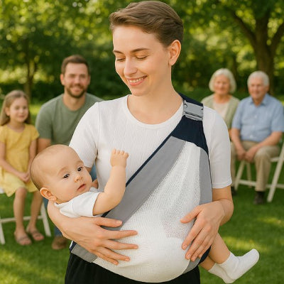 bébé dans ECHARPE DE PORTAGE NOUVEAU NÉ FACILE porté par sa maman dans un parc entouré des personne 