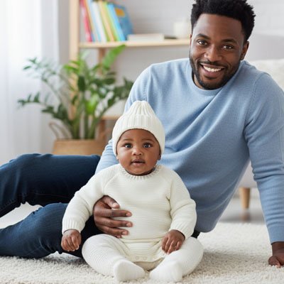 Bonnet bebe  blanc, papa assis avec bébé sur le plancher d'un salon