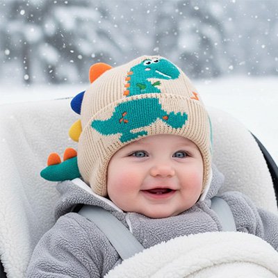 bonnet bebe garcon dans poussette dans la neige