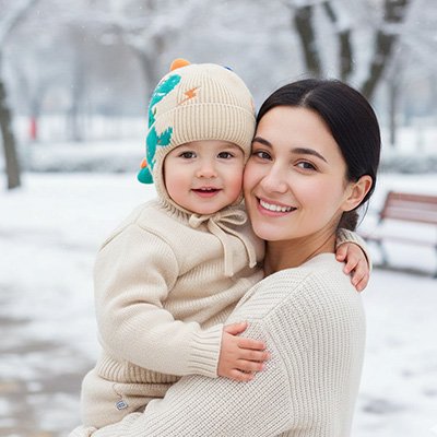bonnet bebe garcon maman et bébé dans la neige