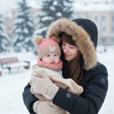 bonnet bebe rose beige, maman porte bébé dans la neige