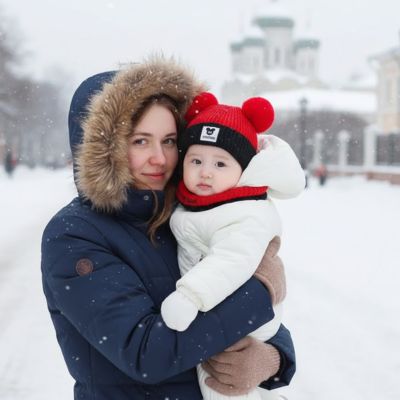 bonnet bebe rouge noir, maman porte bébé dans la neige