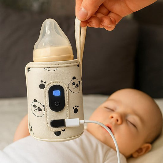 chauffe biberon nomade panda suspendu devant bébé endormi