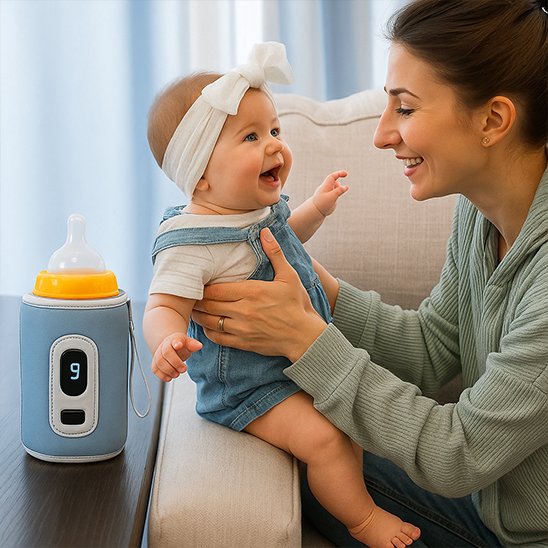chauffe biberon nomade sur table salon à coté de bébé et maman sur canapé