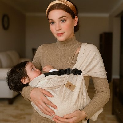 bébé dans echarpe de portage en positon allongé  porté par maman dans un salon