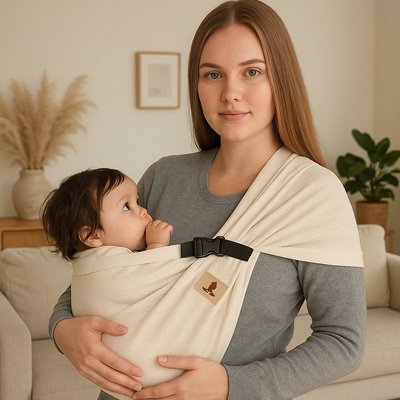 Bébé porté par sa maman dans une echarpe de portage, dans le salon