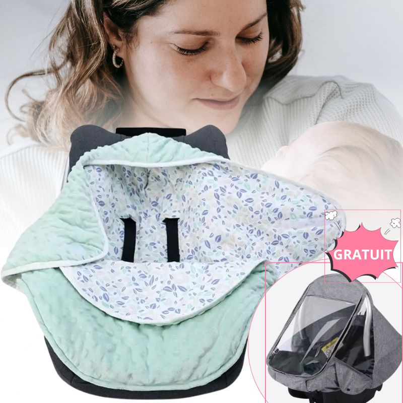 Nid d’ange bebe cosy vert, tête de maman avec bébé dans les bras 