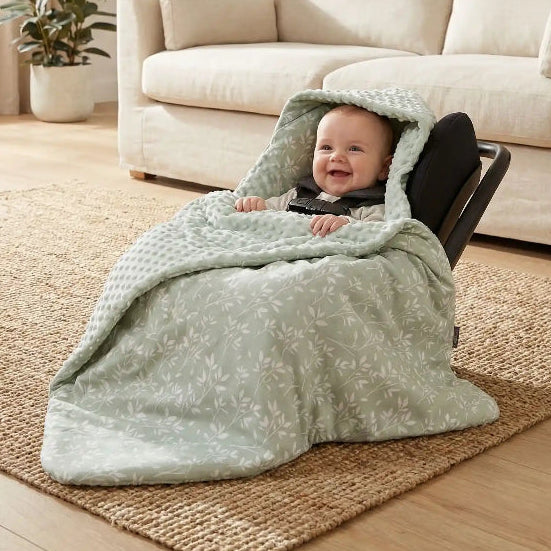 nid d'ange cosy vert plante posé sur une table ou un parc, maman tient bébé dans ses bras