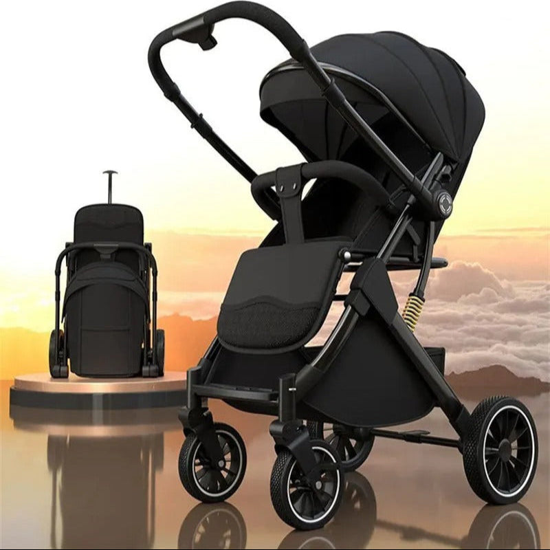 poussette canne compacte noire ouverte et pliée
